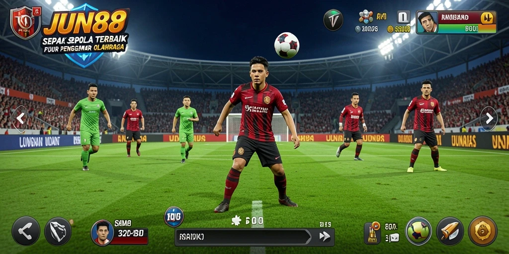 Screenshot utama JUN88 menampilkan aksi seru di lapangan sepak bola.