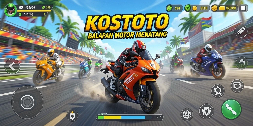 Tampilan intens gameplay balapan motor KOSTOTO yang seru.
