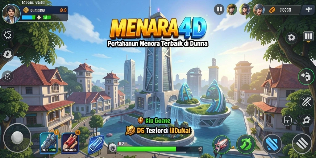 Tampilan gameplay MENARA4D yang seru dengan menara dan musuh.