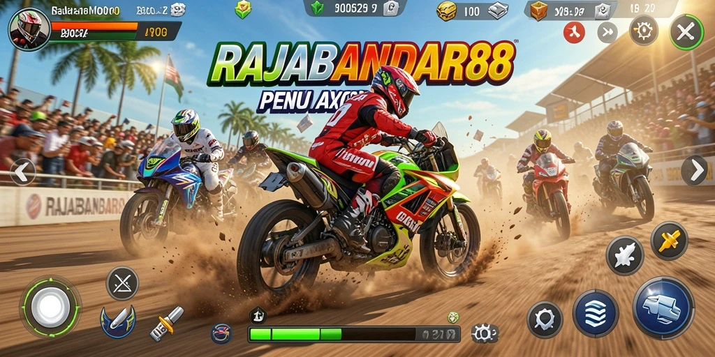Tampilan gameplay menegangkan di RAJABANDAR88 saat balapan motor.